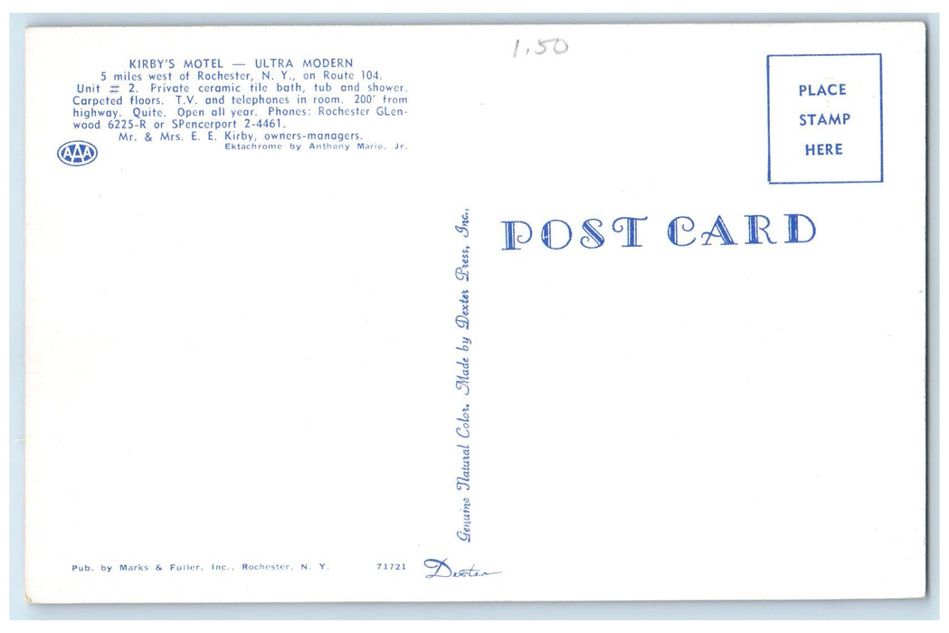 c1950 Kirby's Motel Ultra Modern Restaurant West Of Rochester New York Postcard