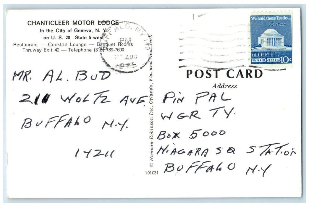 1975 Chanticleer Motor Lodge Exterior Geneva New York NY Posted Pool Postcard