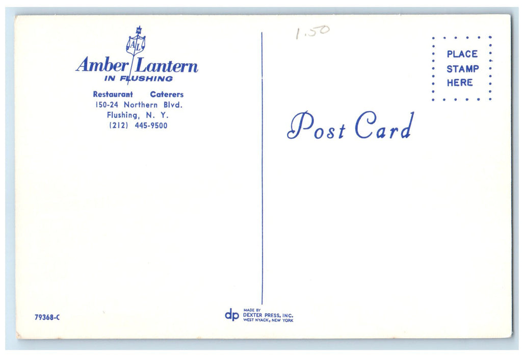 c1960's Amber Lantern Restaurant Caterers Flushing New York NY Unposted Postcard