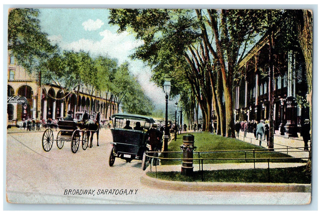 1909 Broadway Horse Carriage Classic Car Crowd Street Saratoga New York Postcard