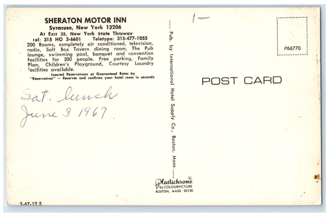c1967 Sheraton Motor Inn Restaurant Classic Car Road Syracuse New York Postcard