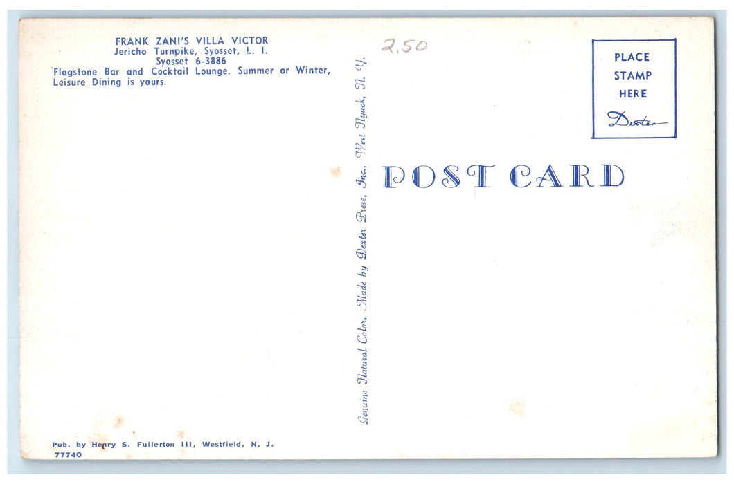 c1950 Frank Zani's Villa Victor Restaurant Syosset Long Island New York Postcard