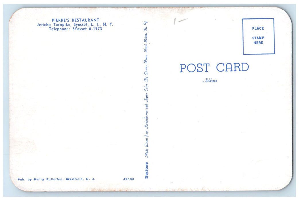 c1950's Pierre's Restaurant Dirt Road Syosset Long Island New York NY Postcard