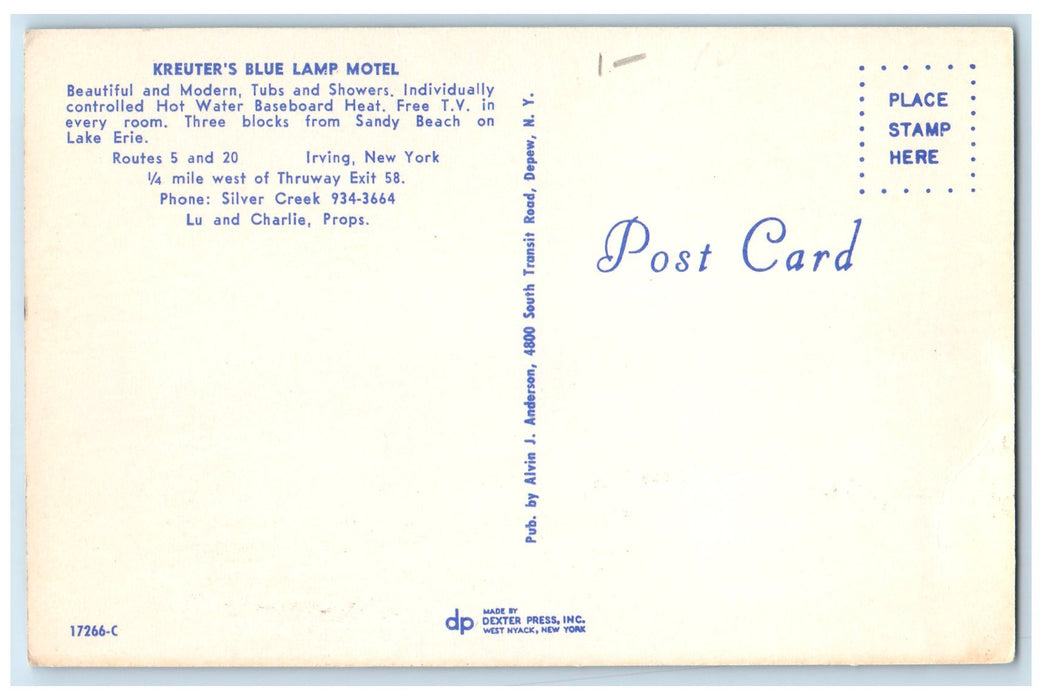 c1960's Kreuter's Blue Lamp Motel Roadside Irving New York NY Unposted  Postcard