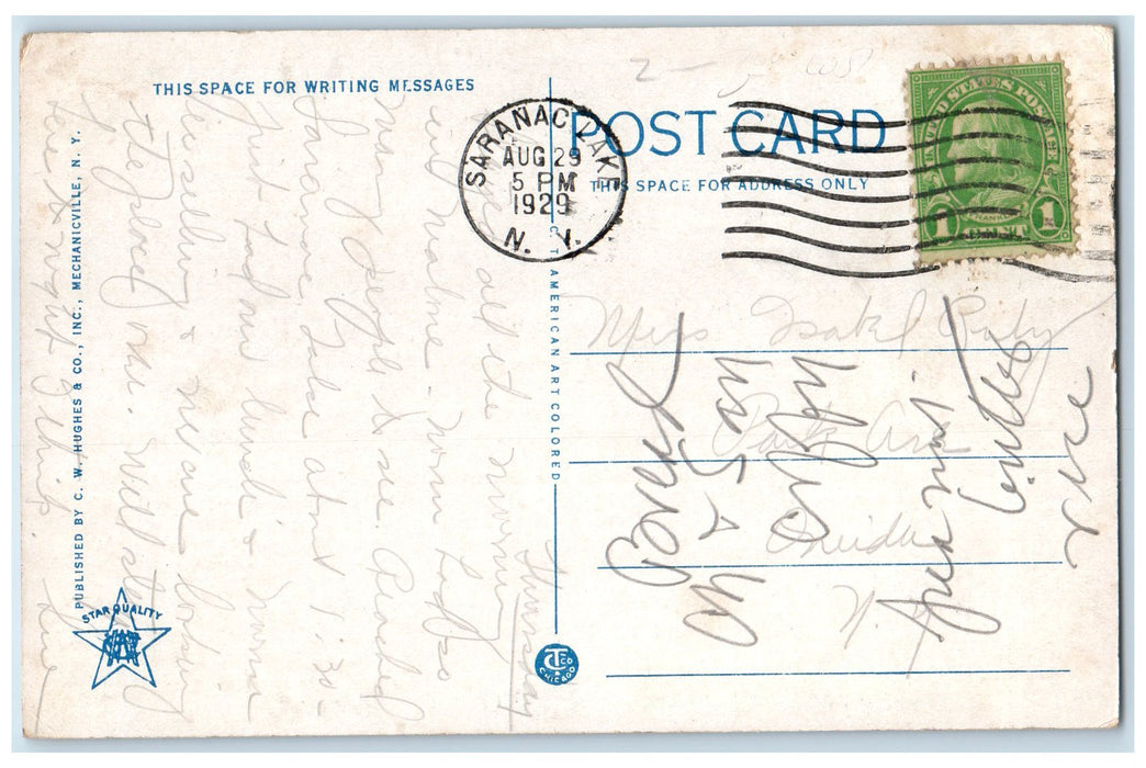 1929 Hotel Saranac & Restaurant Building Car Flag Saranac Lake New York Postcard