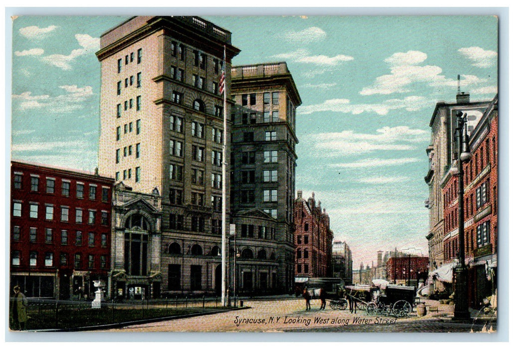 1911 Looking West Along Water Street Horse Carriage Syracuse New York Postcard