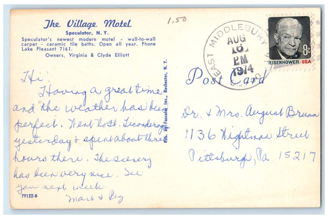 1974 The Village Motel & Restaurant Classic Car Speculator New York NY Postcard