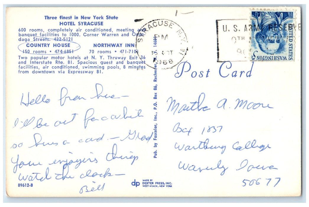1968 Three Finest In New York State Hotels Multiview Syracuse New York Postcard