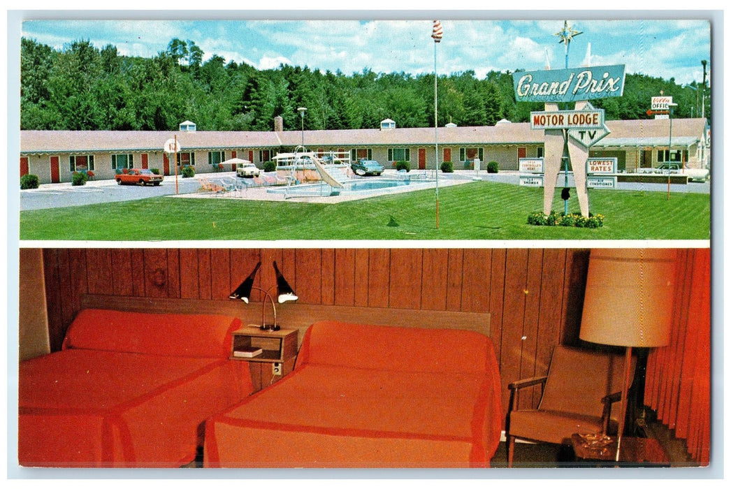 c1960's Grand Pix Motor Lodge Exterior Keeseville New York NY Bed Room Postcard