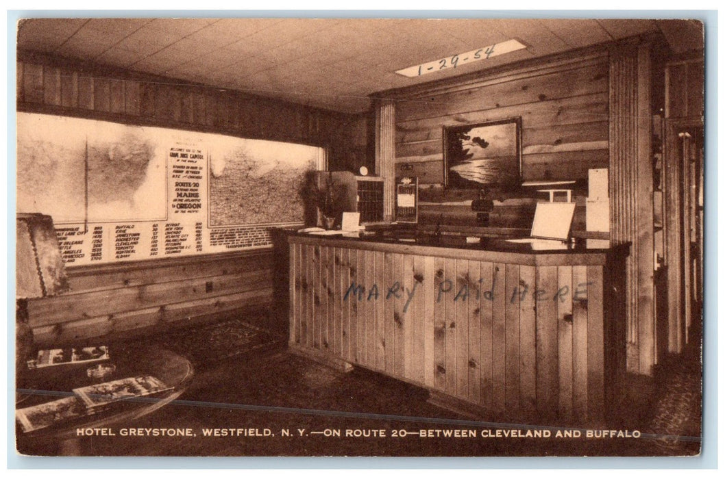c1954 Hotel Greystone & Restaurant Lobby Interior Westfield New York NY Postcard