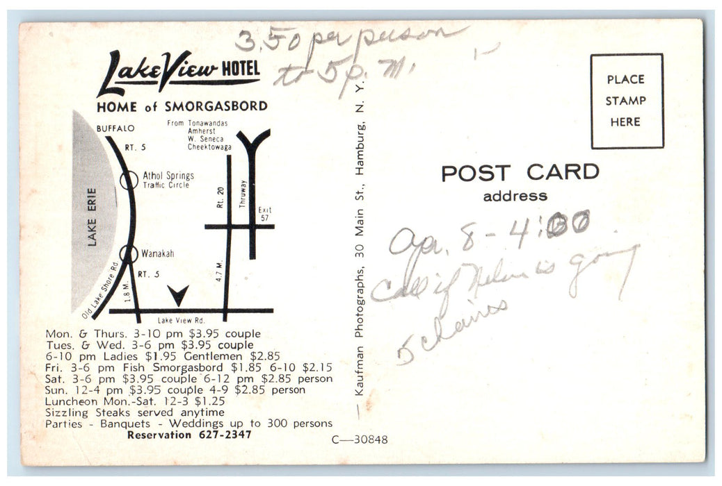 c1940 Lake View Hotel Restaurant Home Smorgasbord New York Advertising Postcard