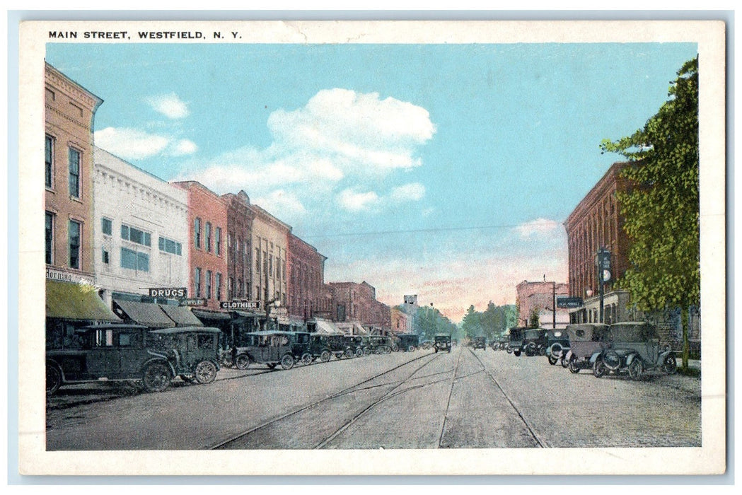 c1920's Main Street Railway Classic Car Building Westfield New York NY Postcard