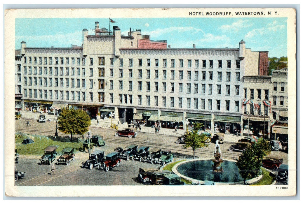 c1920 Hotel Woodruff Restaurant Building Classic Car Watertown New York Postcard