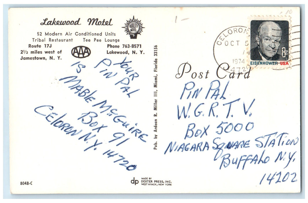 1974 Lakewood Motel Tribal Restaurant Roadside Jamestown New York Pool Postcard