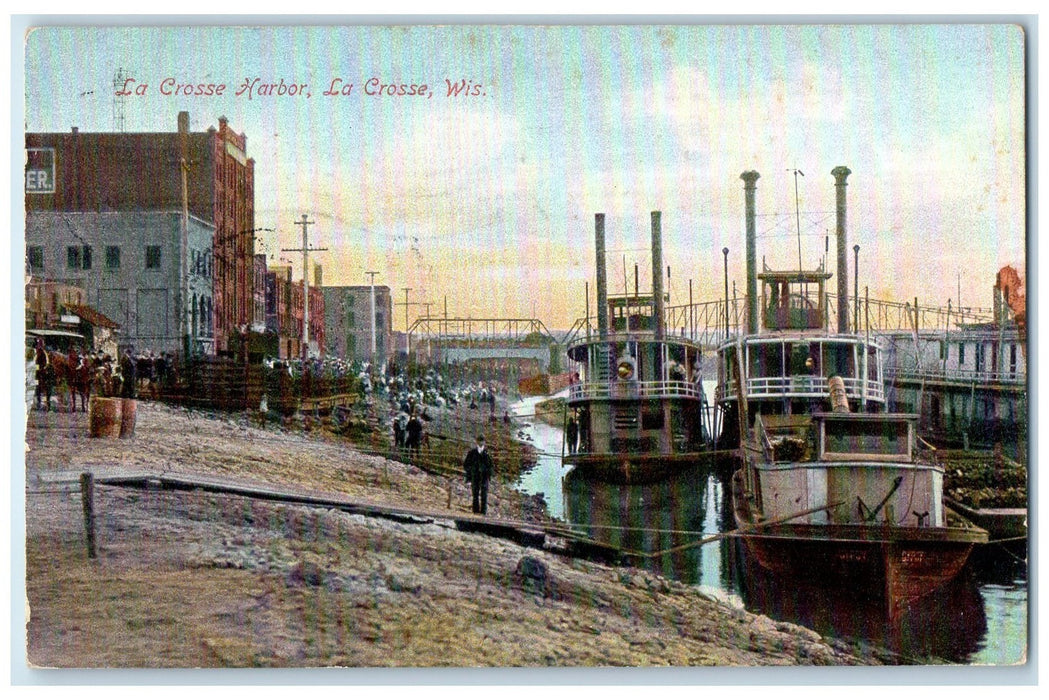 1907 La Crosse Harbor Passenger Boats Docking La Crosse Wisconsin WI Postcard