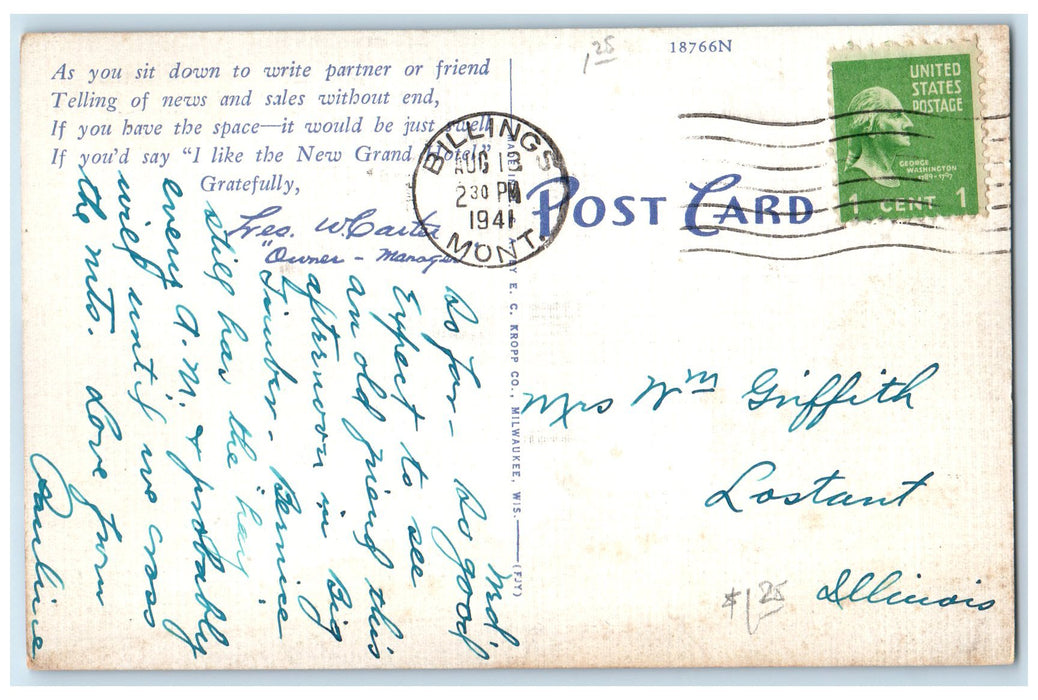 1941 New Grand Hotel Exterior Roadside Billings Montana MT Posted Flag Postcard