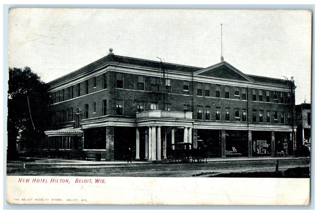 1907 Hotel Hilton & Restaurant Building Horse Carriage Beloit Wisconsin Postcard