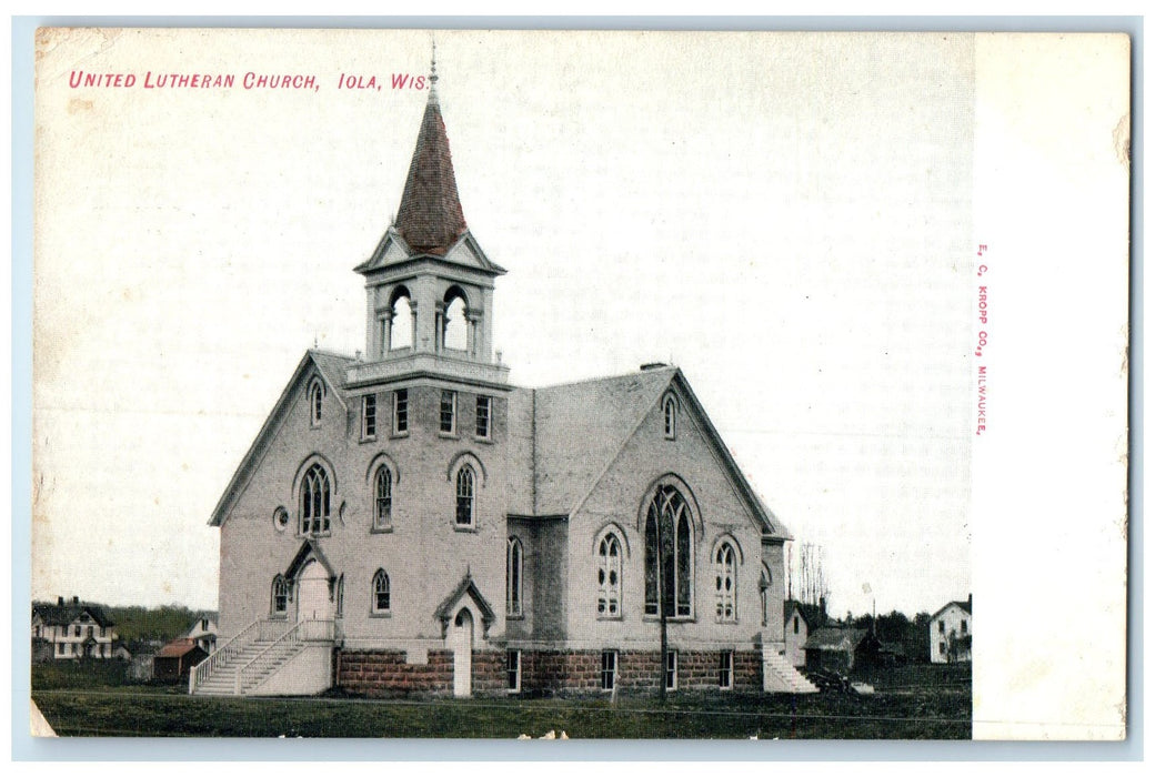 c1920 United Lutheran Church Building Stairway Entrance Iola Wisconsin Postcard