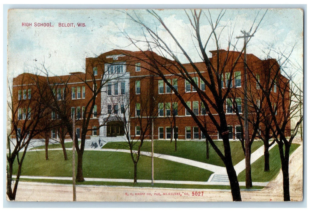 1909 High School Campus Building Road Pathway Students Beloit Wisconsin Postcard