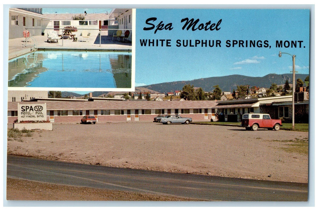 c1960s Spa Motel Roadside Signage White Sulphur Springs Montana MT Cars Postcard