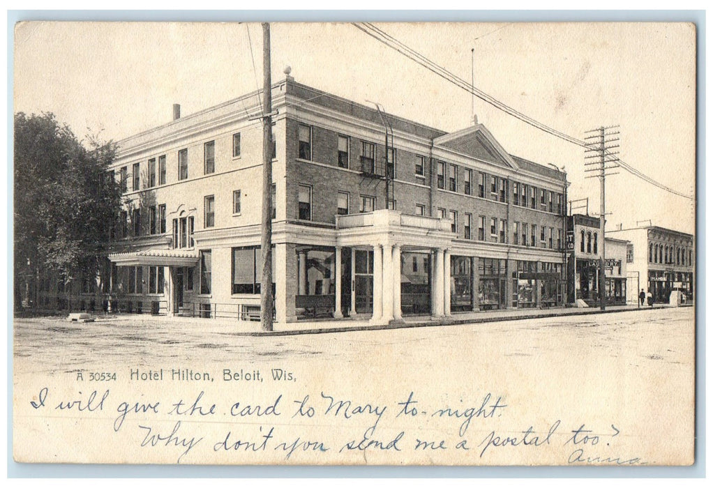 1907 Hotel Hilton & Restaurant Building Entrance Road Beloit Wisconsin Postcard