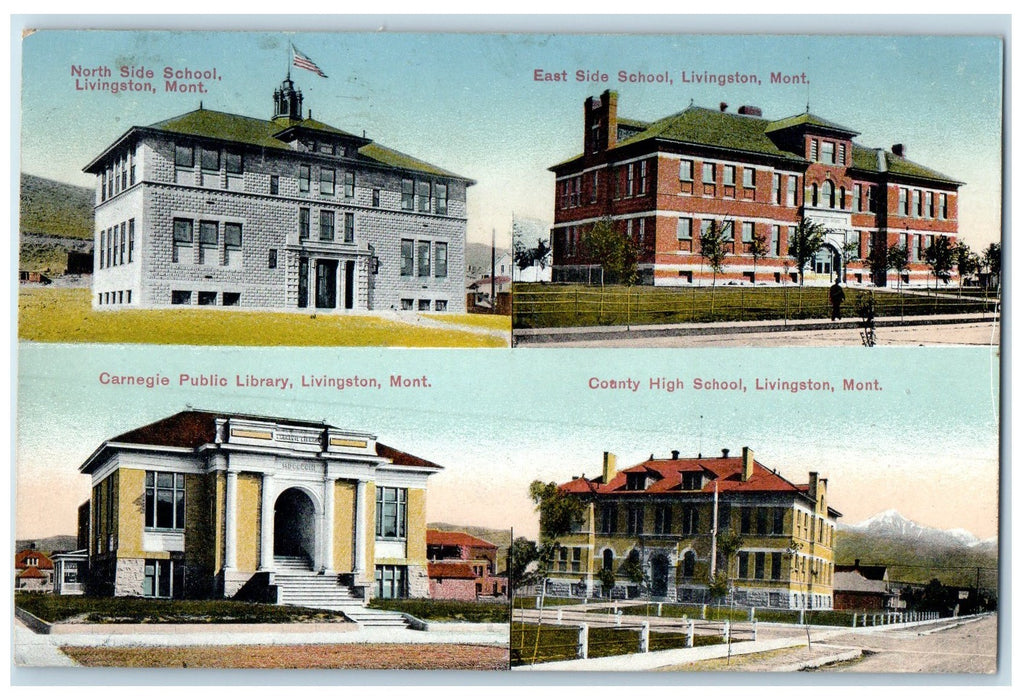 1910 Carnegie Public Library County High School Livingston Montana MT Postcard