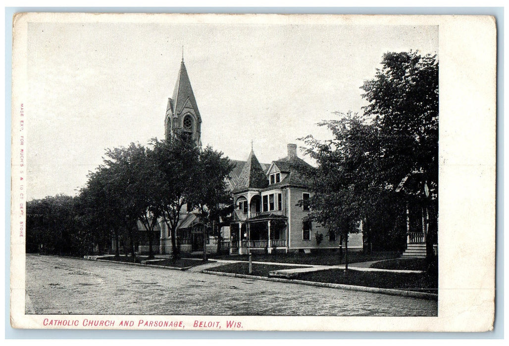 1908 Catholic Church & Parsonage Building Dirt Road Beloit Wisconsin Postcard