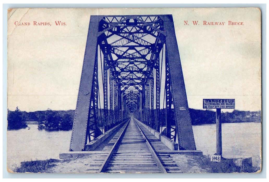 c1909 North West Railway Truss Bridge View Grand Rapids Wisconsin WI Postcard