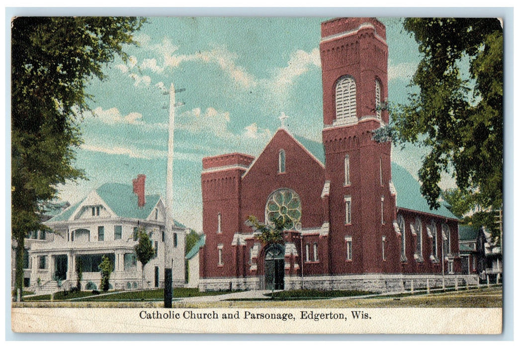 1914 Catholic Church & Parsonage Building Tower Edgerton Wisconsin WI Postcard