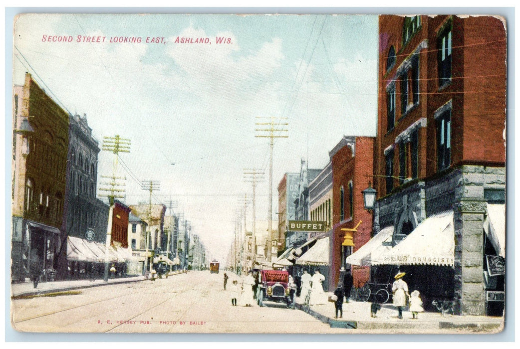 c1910 Second Street Classic Car Dirt Road Railway Ashland Wisconsin WI Postcard