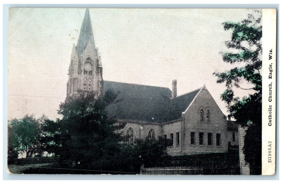 1909 Catholic Church Building Tower Eagle Wisconsin WI Antique Posted Postcard