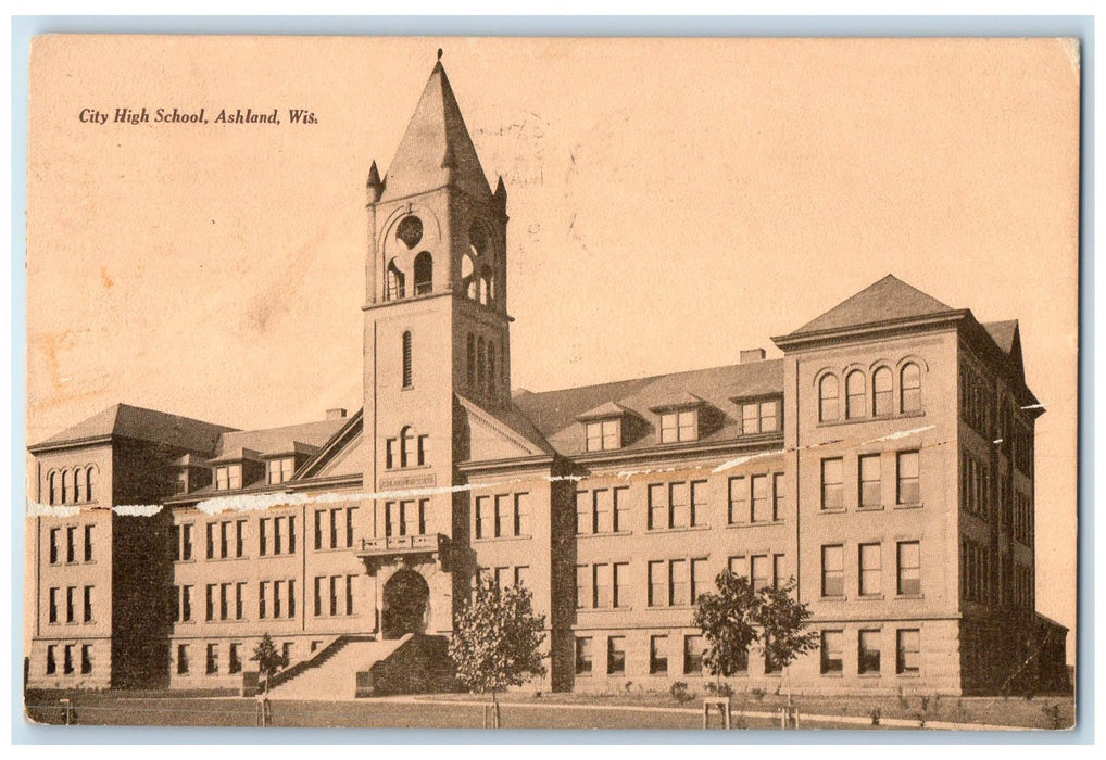 1911 City High School Campus Building Entrance Ashland Wisconsin WI Postcard