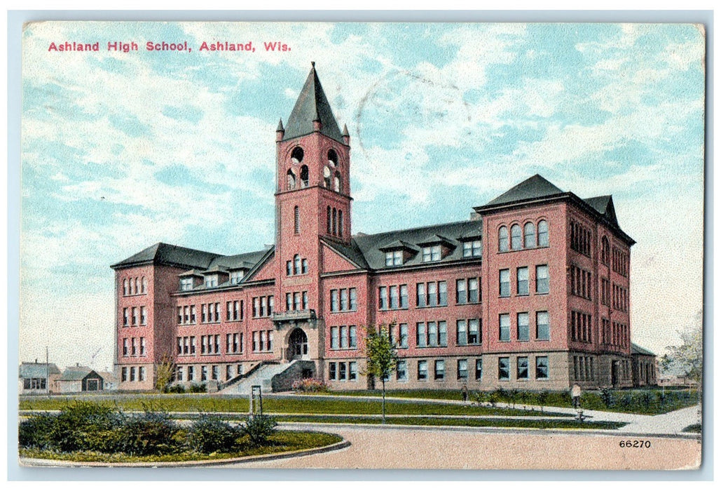 1910 Ashland High School Campus Building Tower Ashland Wisconsin WI Postcard