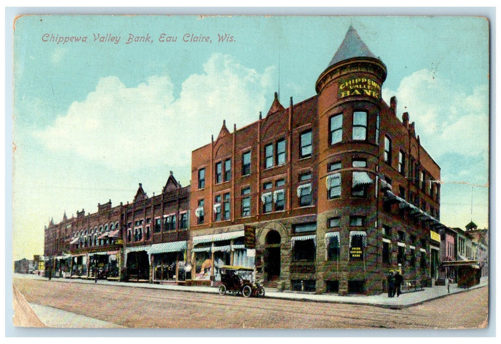 1912 Chippewa Valley Bank Dirt Road Classic Car Eau Claire Wisconsin WI Postcard