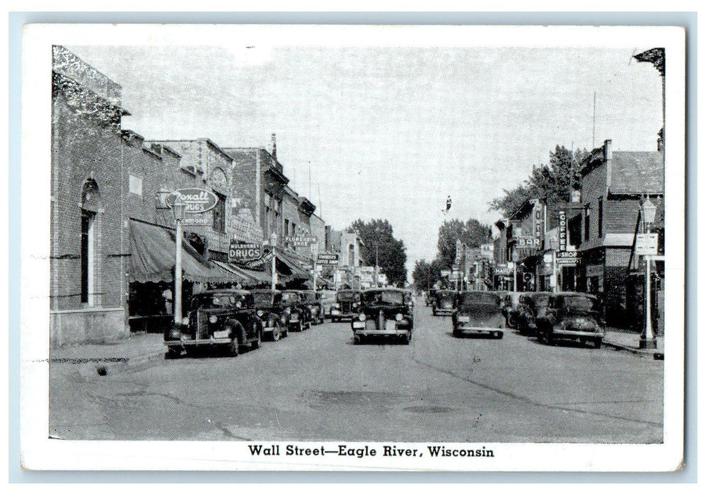 c1920's Wall Street Classic Cars Parked Building Eagle River Wisconsin Postcard