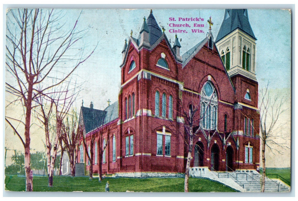 1911 St. Patrick's Church Building Tower Stairway Eau Claire Wisconsin Postcard