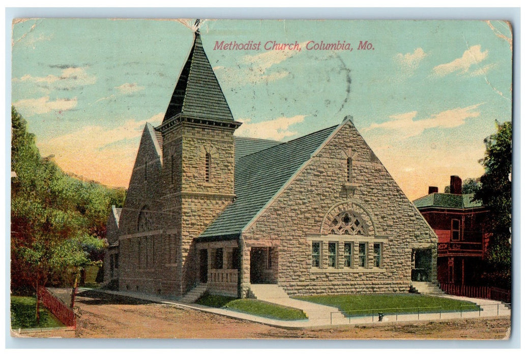 1912 Methodist Church Exterior Roadside Columbia Missouri Posted Trees Postcard