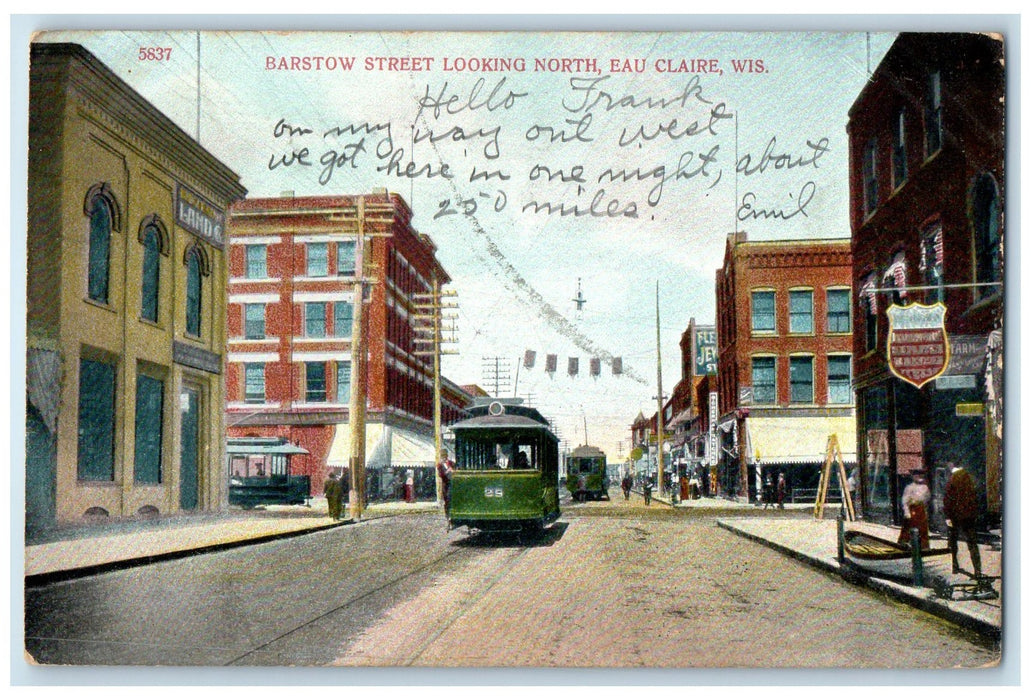 1907 Barstow Street Looking North Trolley Railway Eau Claire Wisconsin Postcard