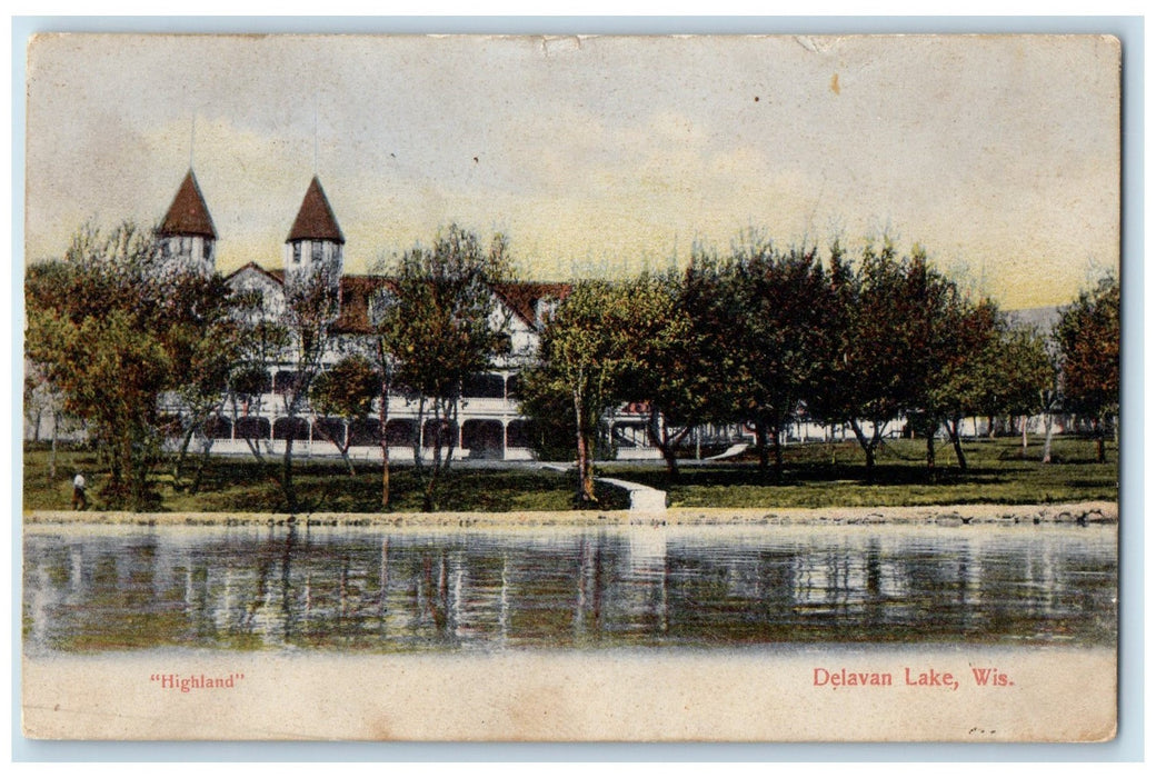 1935 Highland Lake Over Looking Building Tower Delavan Lake Wisconsin Postcard