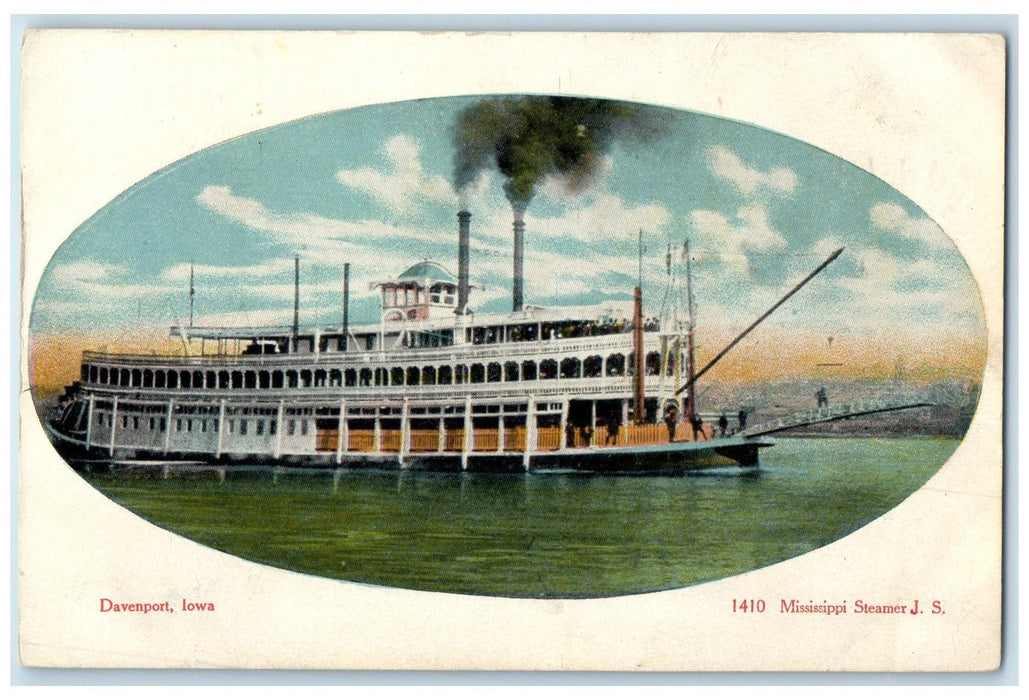 c1905's Mississippi Steamer J S Passenger Boat Ship Davenport Iowa IA Postcard