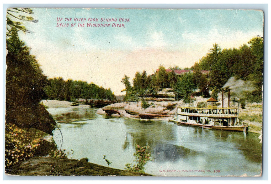 1909 Up The River From Sliding Rock Ferry Boat Dells Of Wisconsin River Postcard