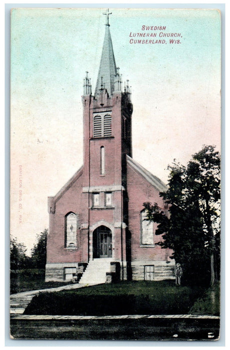 c1910 Swedish Lutheran Church Building Cross Tower Cumberland Wisconsin Postcard