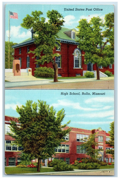 c1940s United States Post Office High School Rolla Missouri MO Unposted Postcard