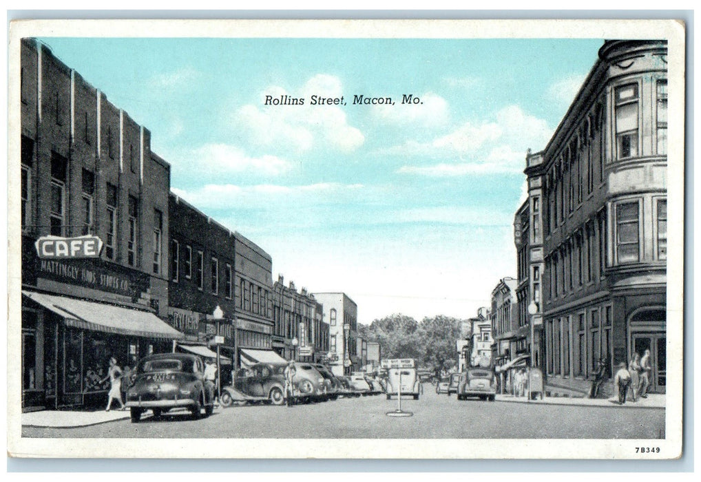 c1940's Rollins Street Shops And Cars Scene Macon Missouri MO Unposted Postcard