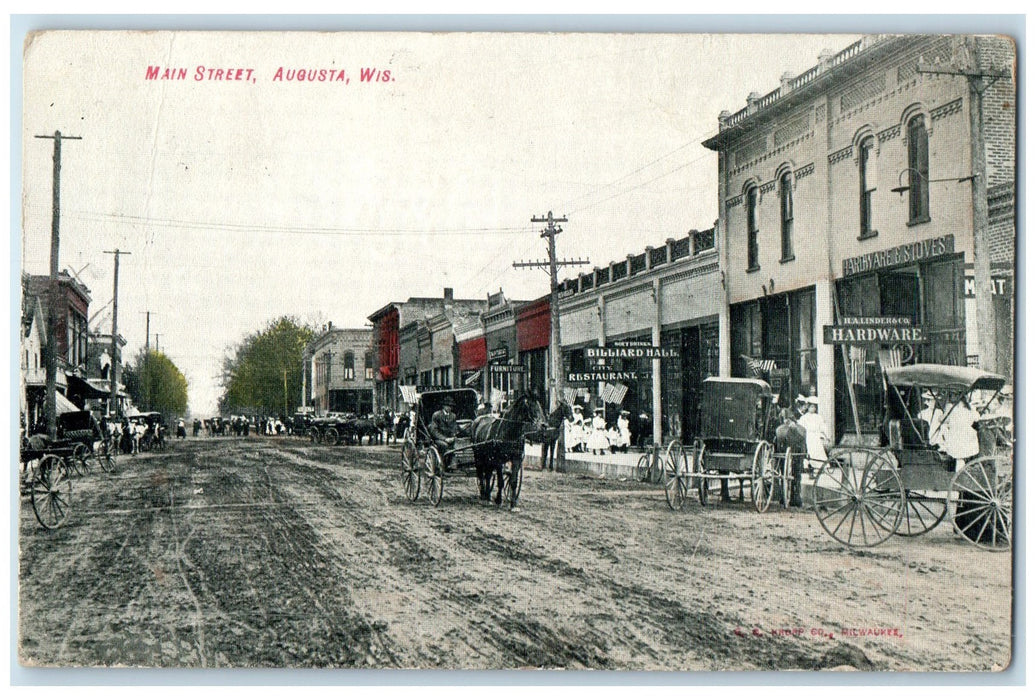 1908 Main Street Dirt Road Horse Carriage Stores Augusta Wisconsin WI Postcard