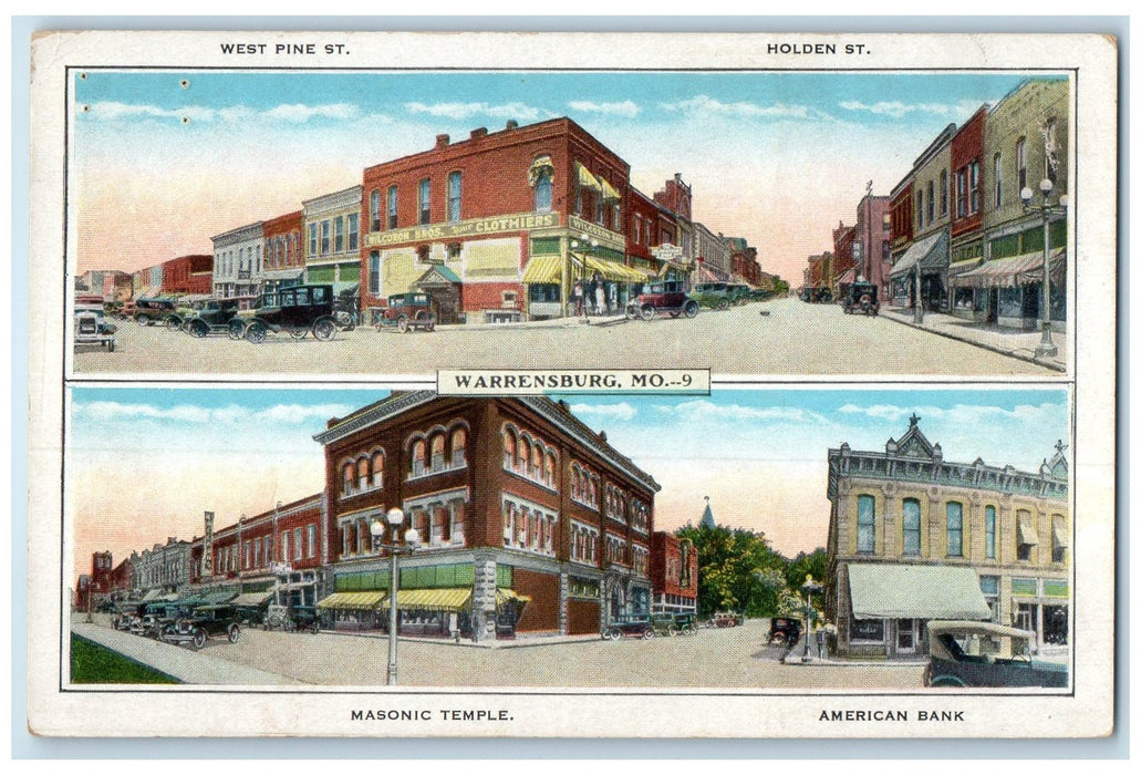 c1940's West Pine Street Masonic Temple Holden St. Warrensburg Missouri Postcard