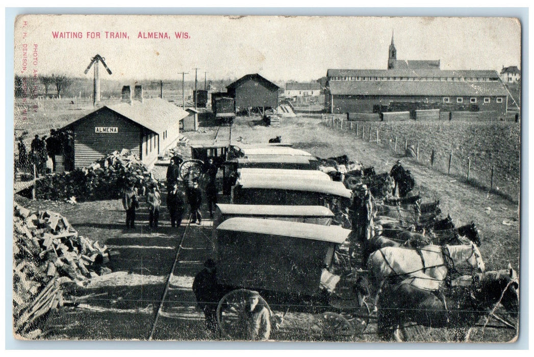 c1910 Waiting For Train Horse Carriage Depot Cargo Almena Wisconsin WI Postcard