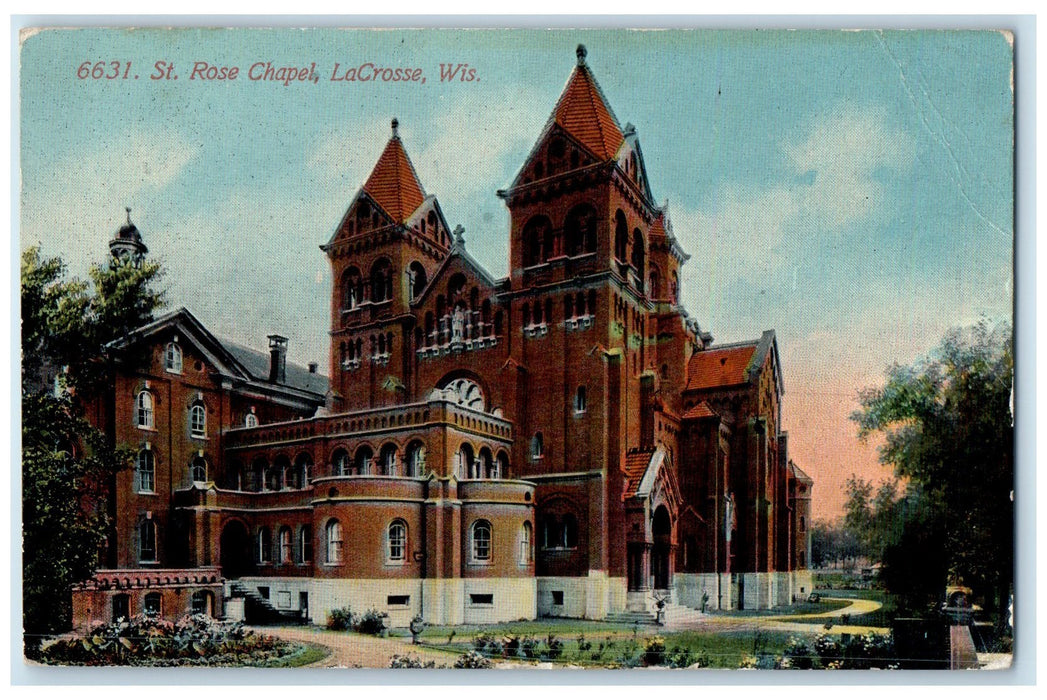 1912 St. Rose Chapel Building Tower Road Entrance LaCrosse Wisconsin WI Postcard