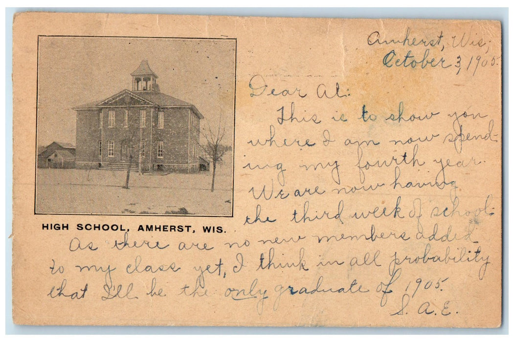 1905 High School Campus Building Tower Winter View Amherst Wisconsin WI Postcard