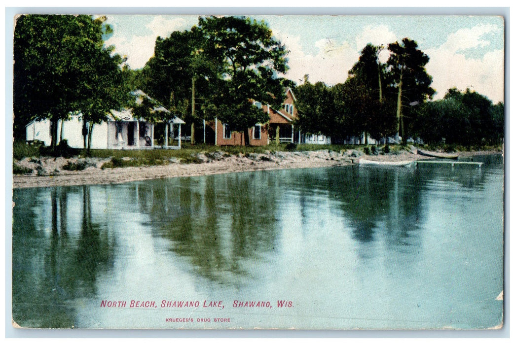 1908 North Beach Shawano Lake Side Cabin Boat Shawano Wisconsin Posted Postcard